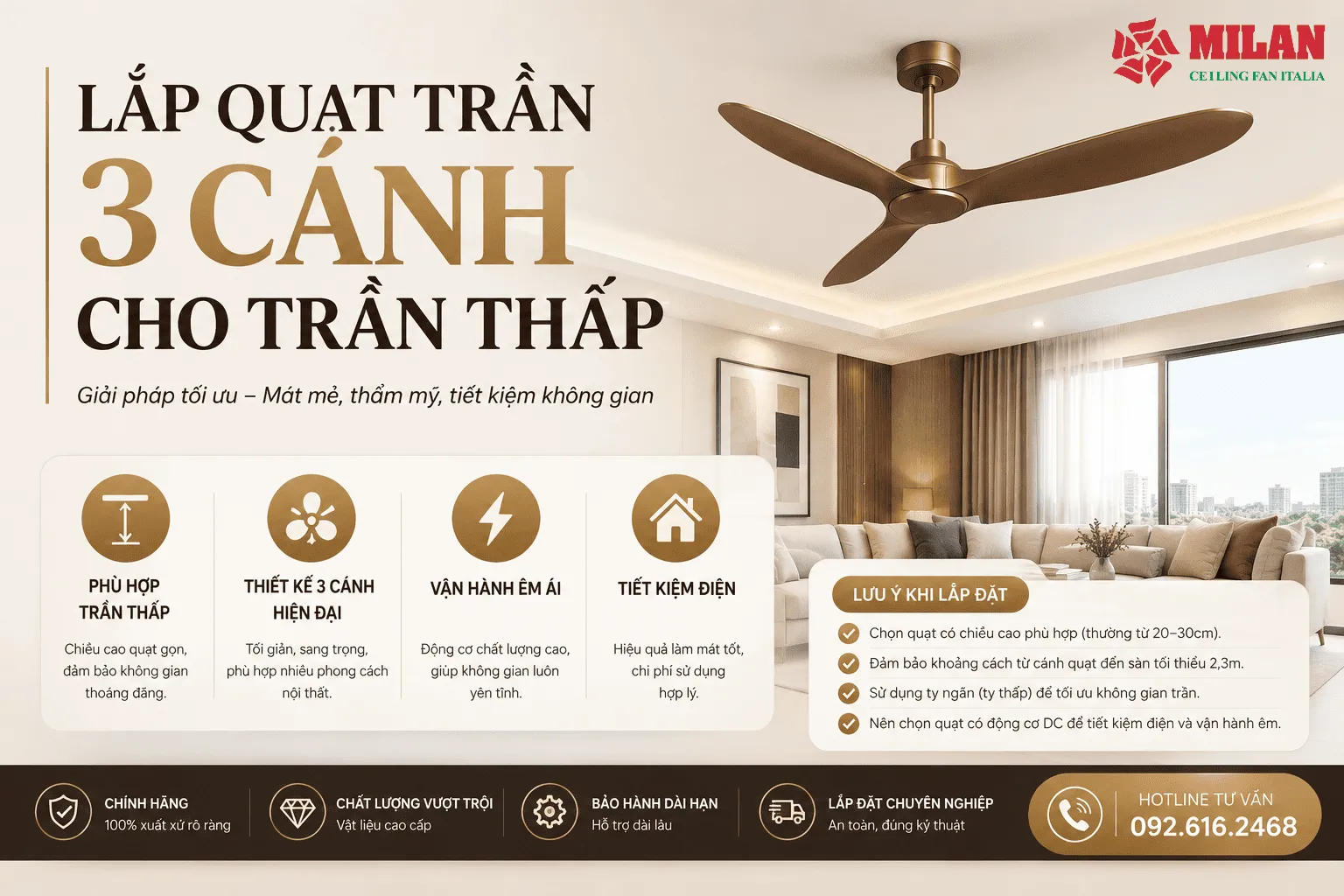 lắp quạt trần 3 cánh cho trần thấp